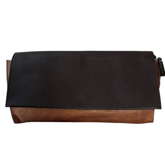Brunello Cucinelli Leather Clutch Colorblock Brown Tan NWT - Picture 2 of 16